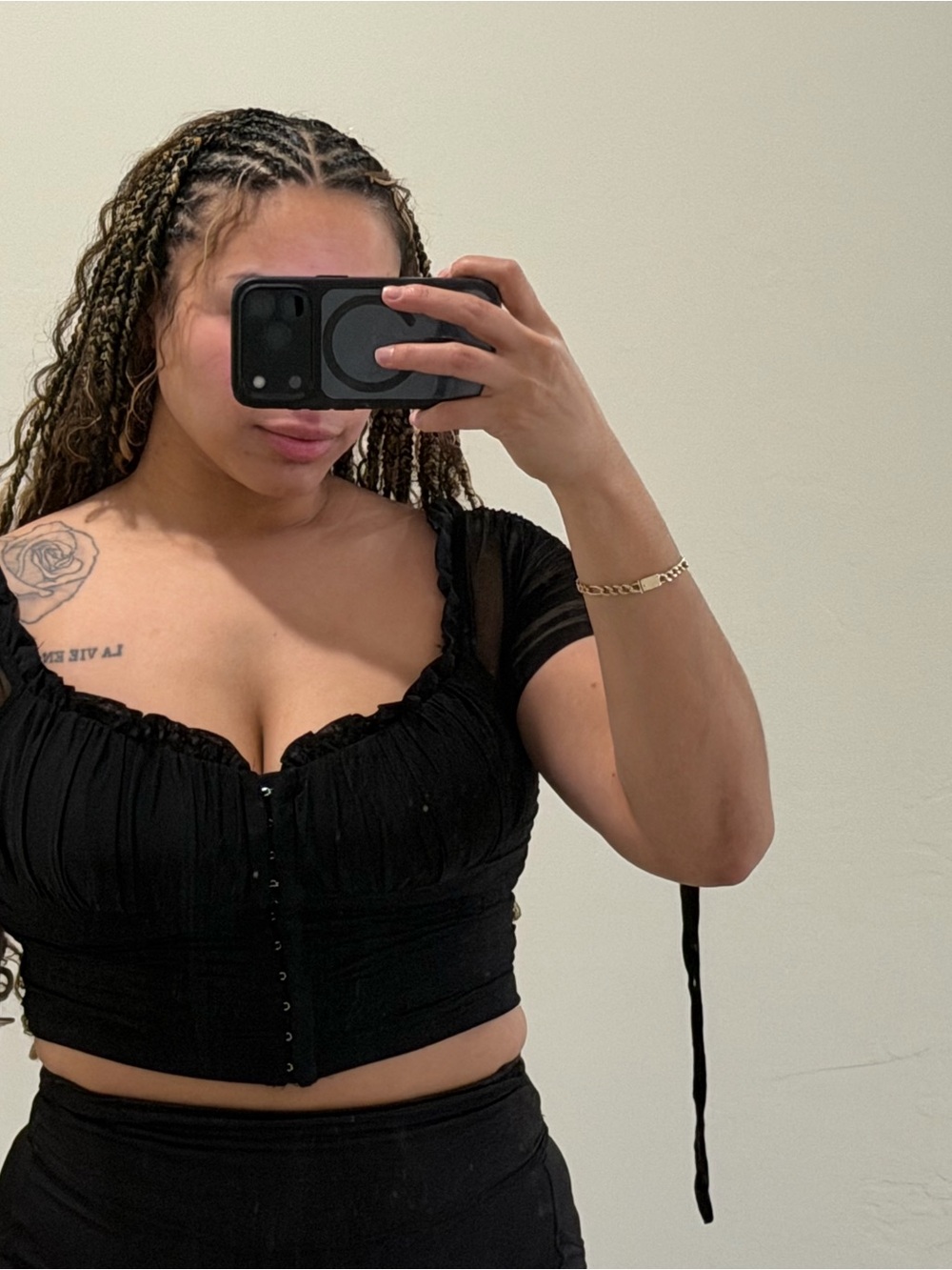 Windsor Black Ruched Button-Front Puff Sleeve Crop Top